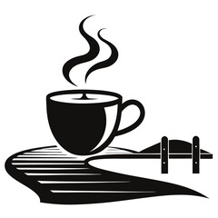 A modern, abstract composition where a coffee cup is surrounded by intricate, swirling steam patterns forming waves and loops silhouette vector art illustration  