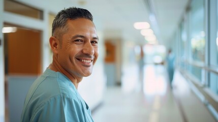 Fototapeta premium Man in blue scrubs smiling at camera.