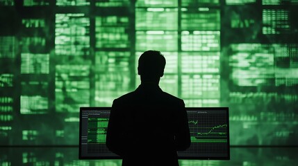 A finance strategist analyzing stock indexes on a large monitor with a subtle green hue representing prosperity