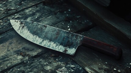 Close-up view of an old hunting knife resting on a rustic wooden surface