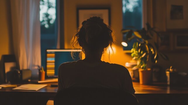 mental health awareness stress stability Silhouette of a person working at a desk in a cozy, dimly lit room with a plant and a computer.