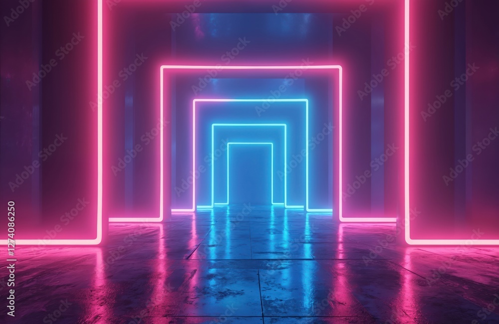 Aufkleber abstract neon light geometric background. glowing neon lines form empty futuristic stage with colorf