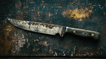 Rustic Hunting Knife in Weathered Wood Surface with a Rustic Feel, highlighting the rough texture