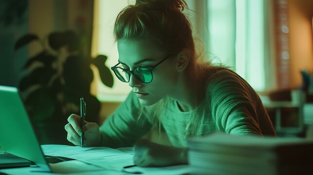 A focused woman in a business setting studying financial analytics with a subtle green overlay symbolizing luck and prosperity