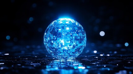 Glowing Blue Crystal Sphere - A vibrant blue crystal sphere glows intensely against a dark background, reflecting light and creating a futuristic, magical atmosphere