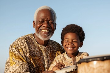 Happy African grandfather in traditional clothes with grandson playing drums outdoors. Concept: Relationships between generations, traditions, family, music, cultural heritage