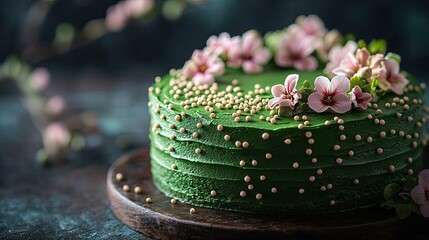 Beautifully Decorated Green Cake with Edible Flowers and Pearls for Special Occasions or Celebrations