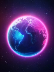 Fototapeta premium Glowing Earth Vibrant Planet - A vibrant illustration of planet Earth glowing with neon light, symbolizing global connection, technological advancement, future possibilities, environmental awareness