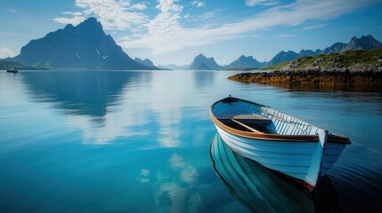 a fishing boat on the calm blue sea, with mountains in the distance, providing a serene
