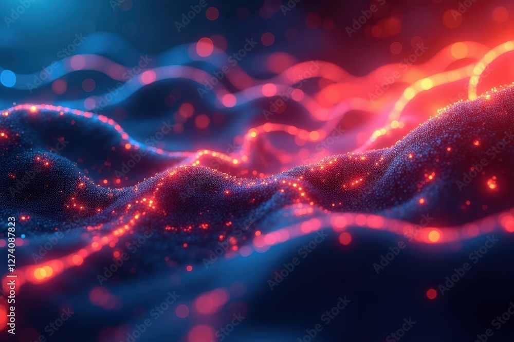 Poster an abstract representation of vibrant waves of red and blue light fluctuating over a dark background