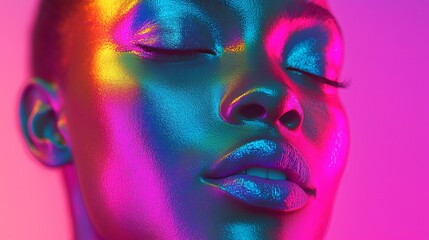 Vibrant Close-Up of a Model with Glossy Skin and Colorful Neon Lighting Effects