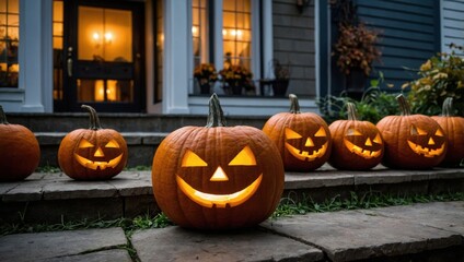 Obraz premium Halloween, illuminated pumpkins by the building, skull