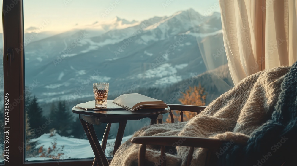 Poster a reading table at a panoramic window overlooking a mountain range, with a soft blanket draped over 