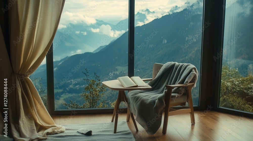 Aufkleber a reading table at a panoramic window overlooking a mountain range, with a soft blanket draped over 
