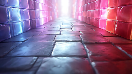 Neonlit stone path between glowing walls.  Dreamy, stylized 3D render perfect for game backgrounds, fantasy settings, or futuristic designs.  Evokes mystery and intrigue.