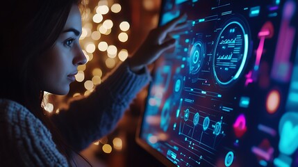 A professional consultant using a futuristic financial dashboard with subtle festive symbols incorporated