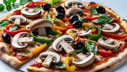 Fototapeta premium Delicious homemade pizza topped with fresh vegetables including mushrooms, olives, and bell peppers on a wooden surface