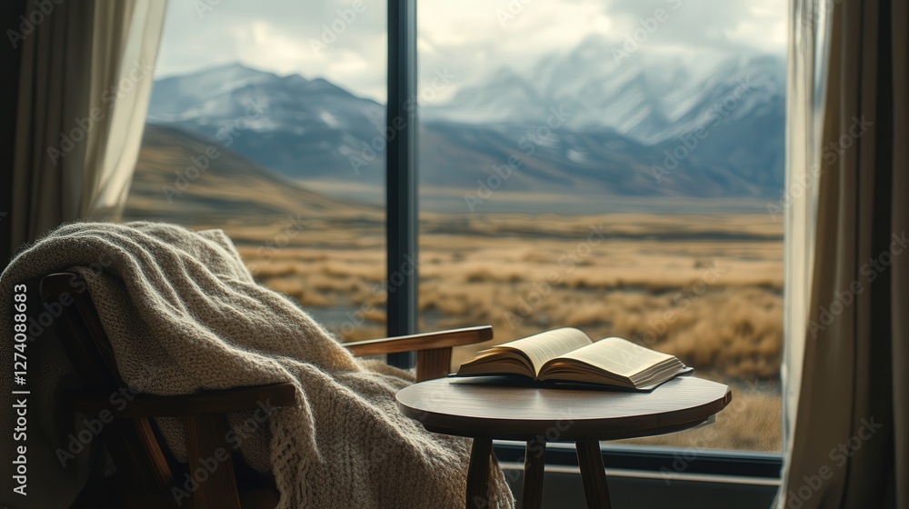 Poster a reading table at a panoramic window overlooking a mountain range, with a soft blanket draped over 