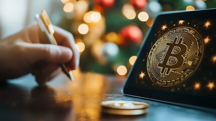 A professional reviewing a cryptocurrency portfolio on a digital tablet with festive financial graphics