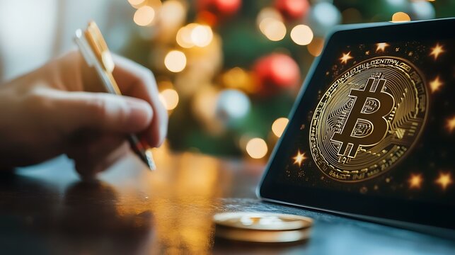 A professional reviewing a cryptocurrency portfolio on a digital tablet with festive financial graphics