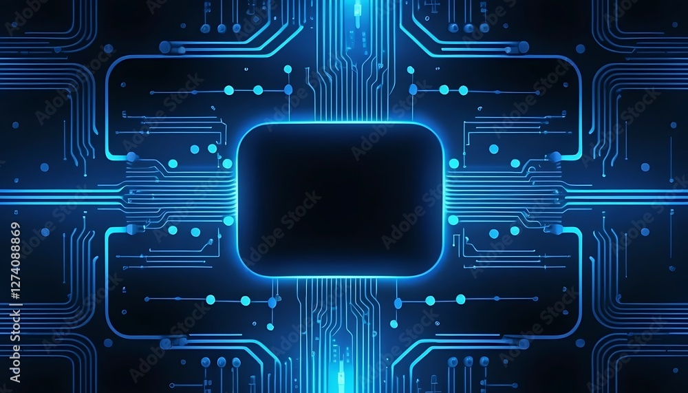Poster futuristic glowing circuit board design with central blank display area