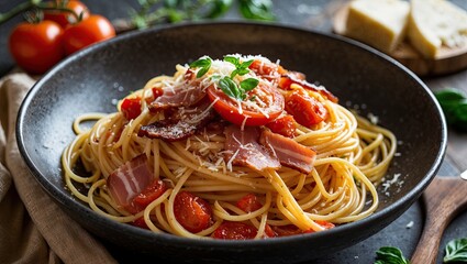 A delicious plate of spaghetti topped with crispy bacon, fresh tomatoes, and grated cheese, served in a dark bowl with herbs