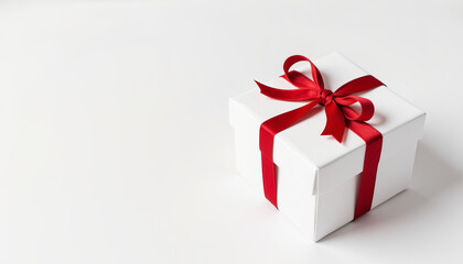 Elegant gift box with red ribbon on white backdrop, refined aesthetics