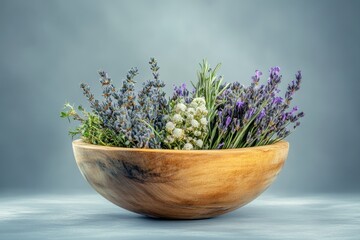 Fototapeta premium A wooden bowl filled with fragrant herbs, including lavender, rosemary, and thyme.