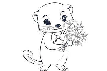 Fototapeta premium Tiny ferret wearing a bowtie, holding a small bouquet of flowers.