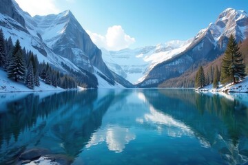 Fototapeta premium Crystal clear fjord, snow-laden pines, azure sky, fjord, wild