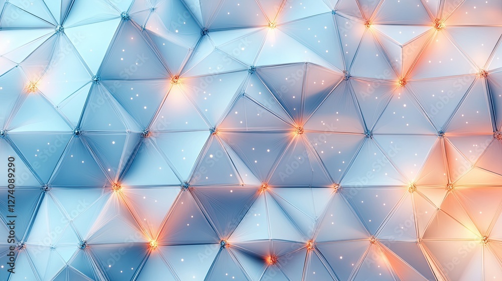 Poster glowing triangle-shaped lights forming an intricate pattern in soft pastel hues, creating an elegant