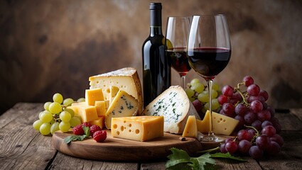 A beautifully arranged cheese platter with assorted cheese types, red wine, and fresh grapes in a rustic setting
