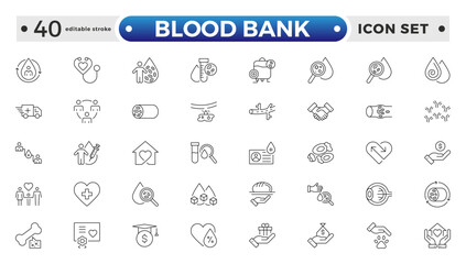 Blood Bank outline icon set with blood, donation, plasma, platelets, hemoglobin, apheresis, phlebotomy, transfusion, crossmatch blood bag, and hearts. Editable stroke outline icon. 
