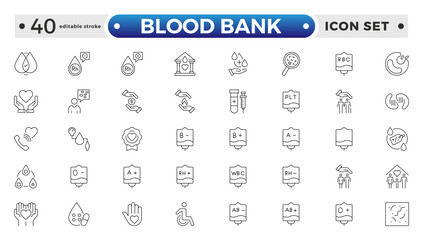 Blood Bank outline icon set with blood, donation, plasma, platelets, hemoglobin, apheresis, phlebotomy, transfusion, crossmatch blood bag, and hearts. Editable stroke outline icon. 
