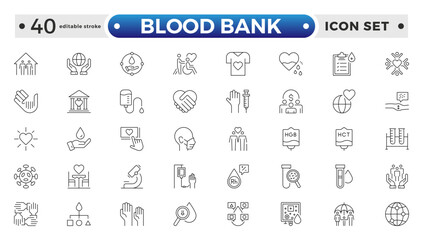 Blood Bank outline icon set with blood, donation, plasma, platelets, hemoglobin, apheresis, phlebotomy, transfusion, crossmatch blood bag, and hearts. Editable stroke outline icon. 

