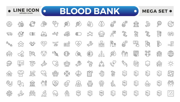 Blood Bank outline icon set with blood, donation, plasma, platelets, hemoglobin, apheresis, phlebotomy, transfusion, crossmatch blood bag, and hearts. Editable stroke outline icon. 
