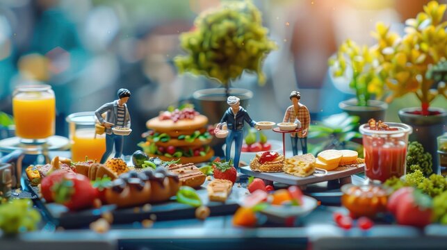 A whimsical display of miniature figures serving a variety of colorful foods and drinks.