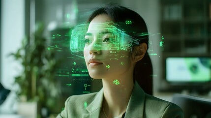 A woman in a professional setting using augmented reality charts with a faint overlay of St. Patrickâ€™s Day elements