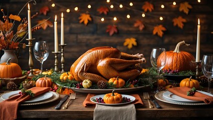 A beautifully arranged Thanksgiving table featuring a golden-brown roasted turkey surrounded by autumn decorations, pumpkins, and candlelight. Warm