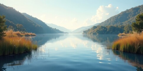 Obraz premium Peaceful lake scene with subtle waves and reeds, wave, lake, calm
