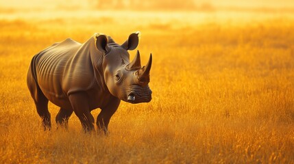 Obraz premium A rhino standing in the golden savanna during sunset.