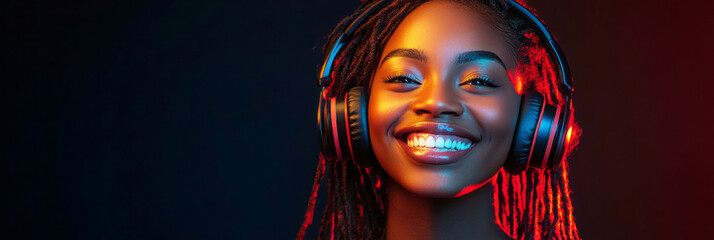 A smiling African American woman with headphones on, set against a vibrant brown background, captured in clean minimalism, evoking the concept of music enjoyment or learning, banner