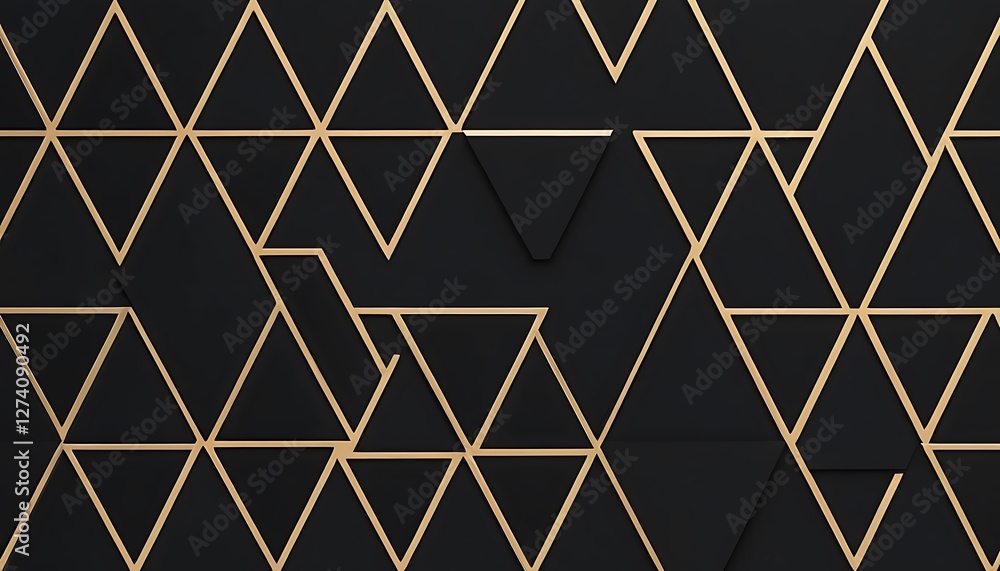 Poster geometric triangular design with golden edges on deep black background