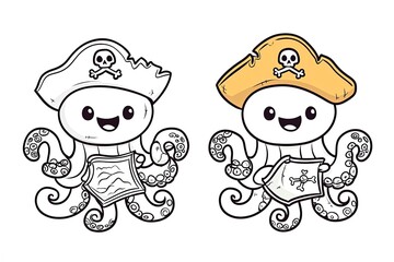 Fototapeta premium Little octopus with a tiny pirate hat, holding a treasure map.