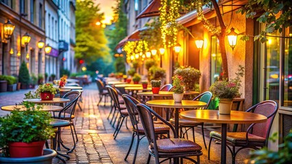Fototapeta premium Vacant patio seats, cityscape backdrop, peaceful charm.