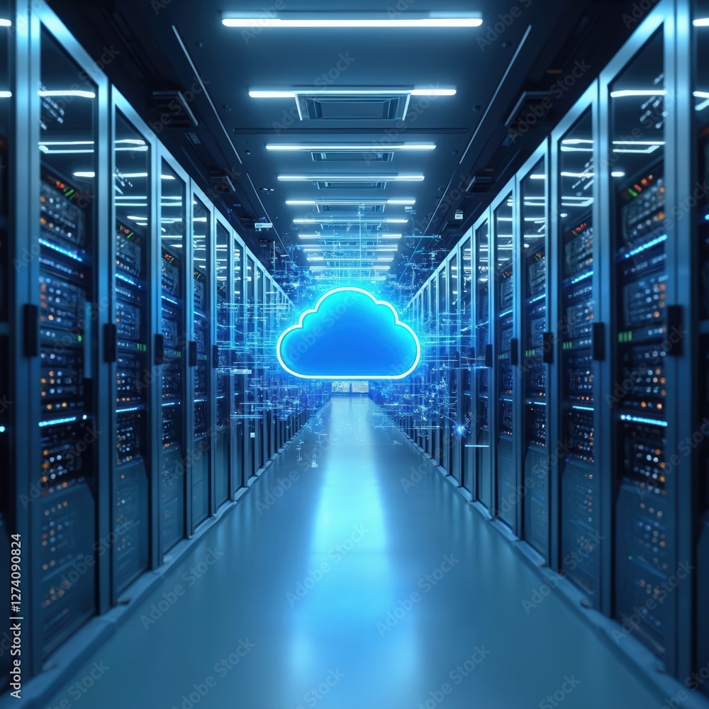 Poster Futuristic data center features cloud tech with digital connections server racks illuminated in blue tones. Infrastructure handles data storage, processing. Network solutions, enterprise computing in