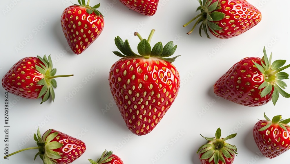 Poster fresh strawberries arranged in a circular pattern on a white background, highlighting their vibrant 