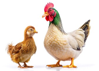 Fototapeta premium Whimsical duck and chicken, wide shot, white.