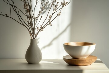 Minimalist Still Life with Vase, Wooden Bowl, and Light