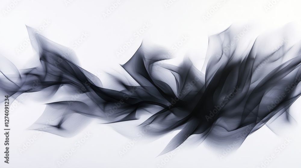 Poster an abstract composition of flowing black shapes on a white background, creating a sense of motion an